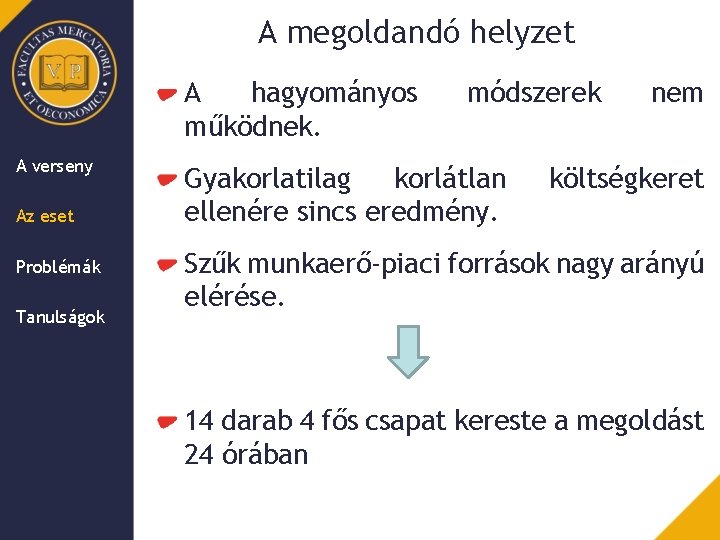 A megoldandó helyzet A hagyományos működnek. A verseny Az eset Problémák Tanulságok módszerek Gyakorlatilag