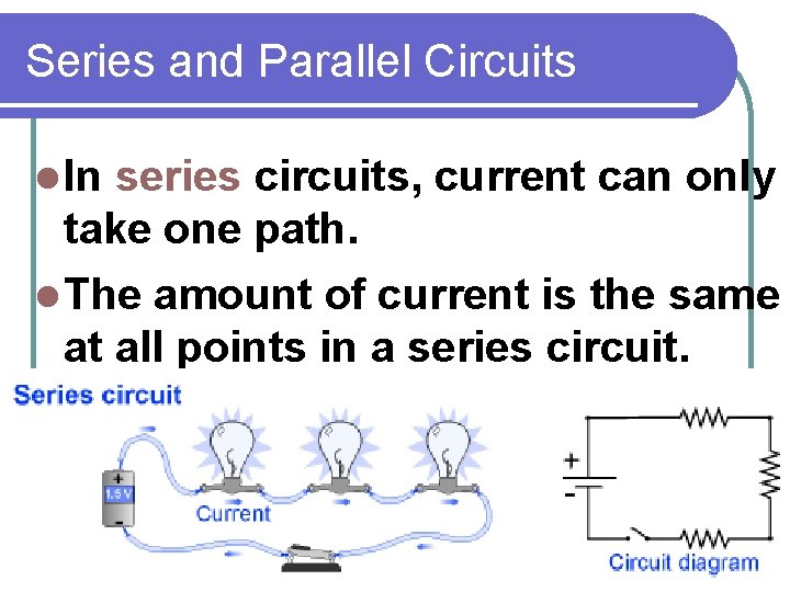 Series and Parallel Circuits l In series circuits, current can only take one path. Series and Parallel Circuits l In series circuits, current can only take one path.