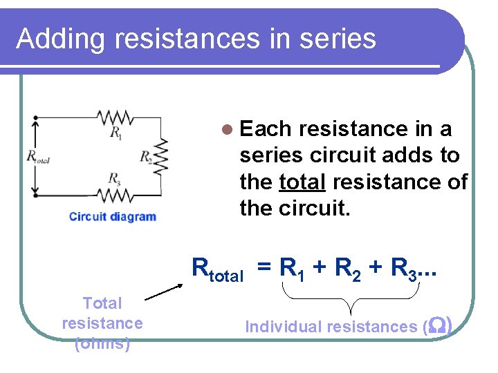 Adding resistances in series l Each resistance in a series circuit adds to the Adding resistances in series l Each resistance in a series circuit adds to the