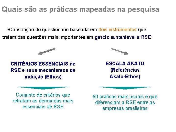 Quais são as práticas mapeadas na pesquisa • Construção do questionário baseada em dois