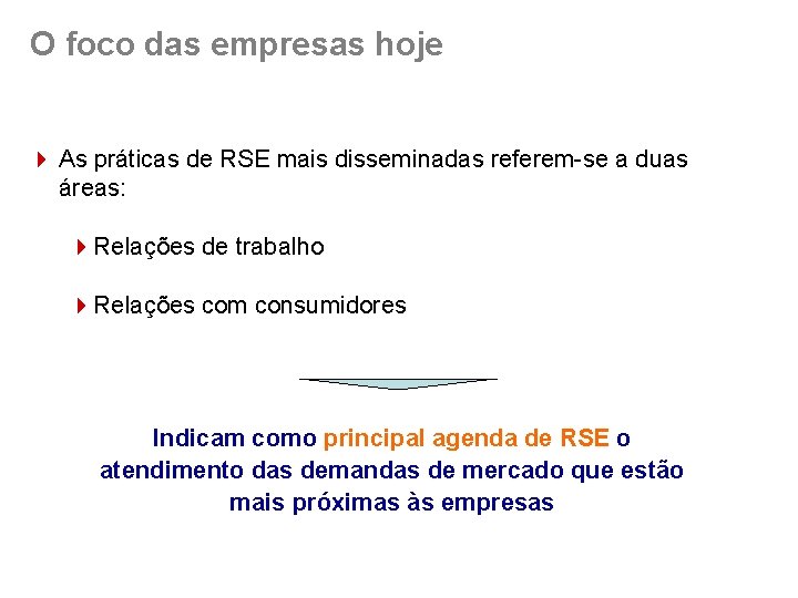O foco das empresas hoje 4 As práticas de RSE mais disseminadas referem-se a
