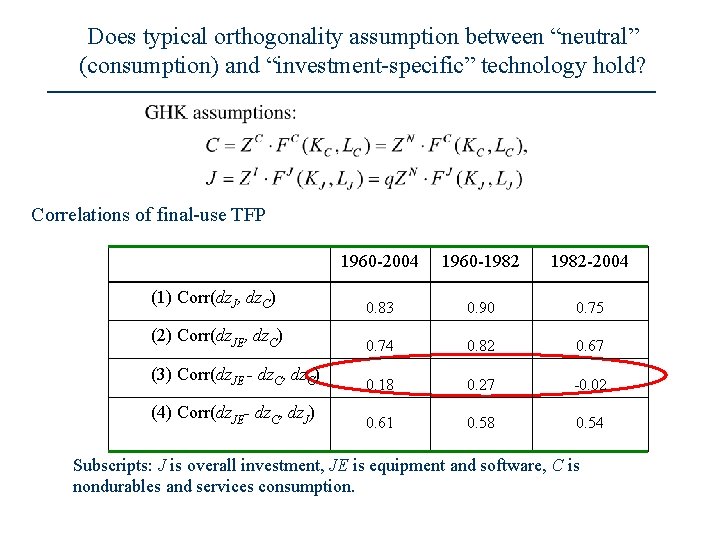 Does typical orthogonality assumption between “neutral” (consumption) and “investment-specific” technology hold? Correlations of final-use