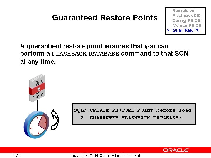 Guaranteed Restore Points Recycle bin Flashback DB Config. FB DB Monitor FB DB >