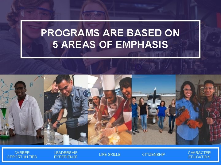 PROGRAMS ARE BASED ON 5 AREAS OF EMPHASIS CAREER OPPORTUNITIES LEADERSHIP EXPERIENCE LIFE SKILLS PROGRAMS ARE BASED ON 5 AREAS OF EMPHASIS CAREER OPPORTUNITIES LEADERSHIP EXPERIENCE LIFE SKILLS
