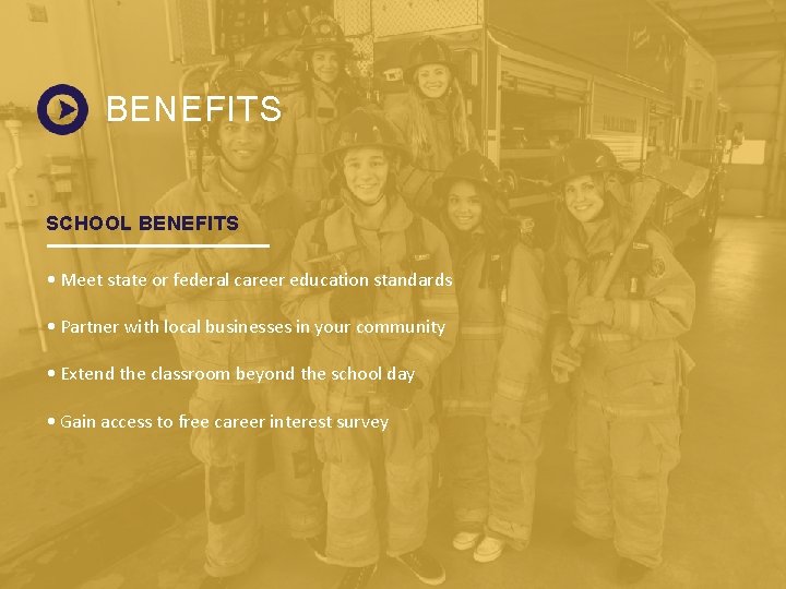 BENEFITS SCHOOL BENEFITS • Meet state or federal career education standards • Partner with BENEFITS SCHOOL BENEFITS • Meet state or federal career education standards • Partner with