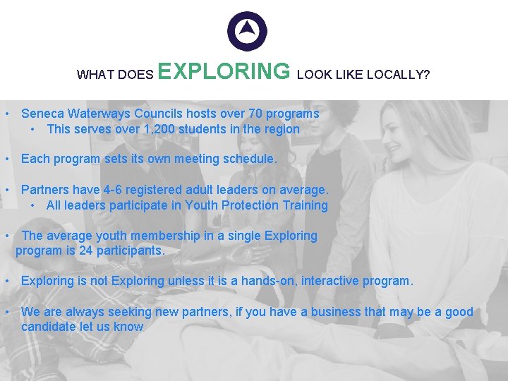 WHAT DOES EXPLORING LOOK LIKE LOCALLY? • Seneca Waterways Councils hosts over 70 programs WHAT DOES EXPLORING LOOK LIKE LOCALLY? • Seneca Waterways Councils hosts over 70 programs