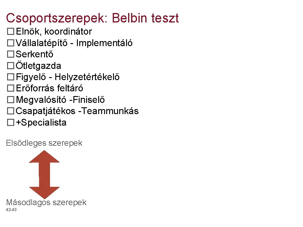 Csoportszerepek: Belbin teszt �Elnök, koordinátor �Vállalatépítő - Implementáló �Serkentő �Ötletgazda �Figyelő - Helyzetértékelő �Erőforrás