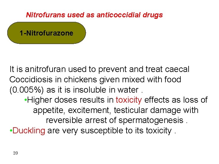 Nitrofurans used as anticoccidial drugs 1 -Nitrofurazone It is anitrofuran used to prevent and