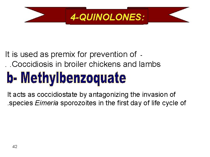 4 -QUINOLONES: It is used as premix for prevention of. . Coccidiosis in broiler