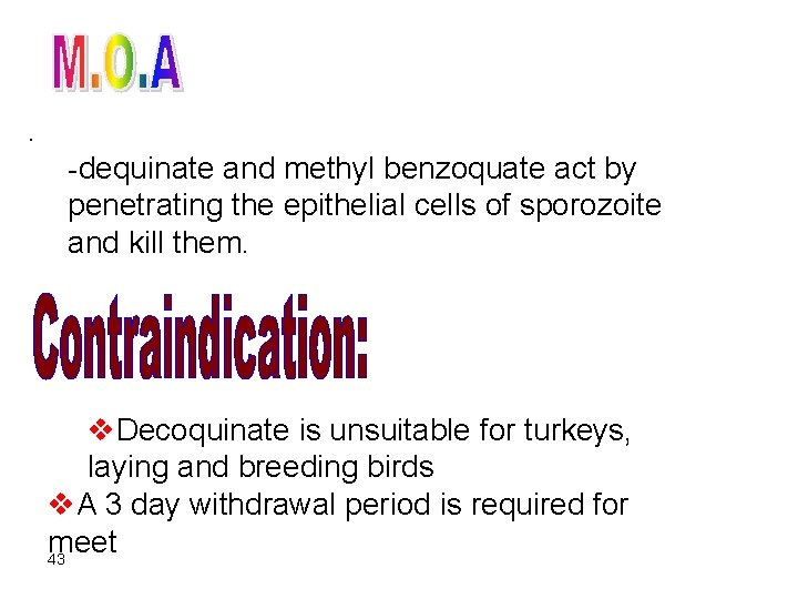 . -dequinate and methyl benzoquate act by penetrating the epithelial cells of sporozoite and