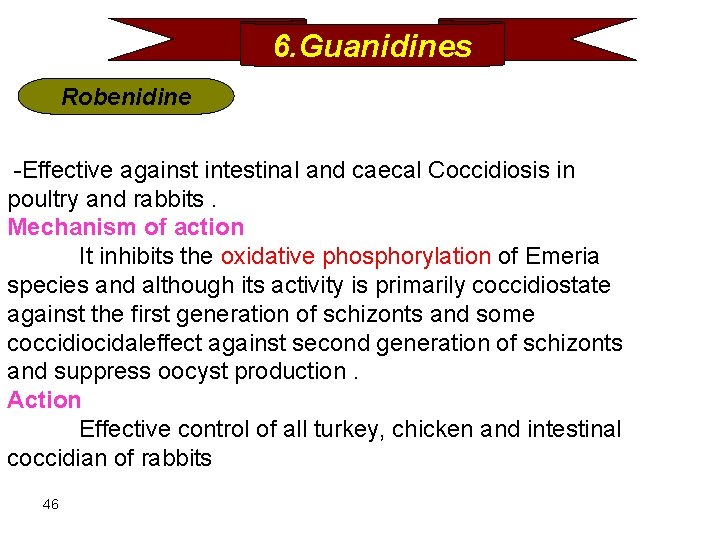 6. Guanidines Robenidine -Effective against intestinal and caecal Coccidiosis in poultry and rabbits. Mechanism
