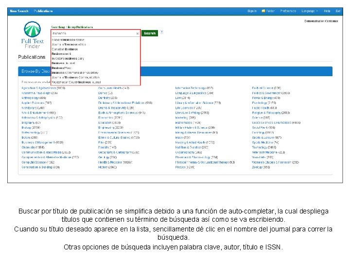 Buscar por título de publicación se simplifica debido a una función de auto-completar, la