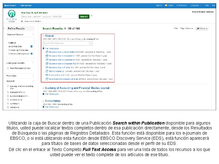 Utilizando la caja de Buscar dentro de una Publicación Search within Publication disponible para