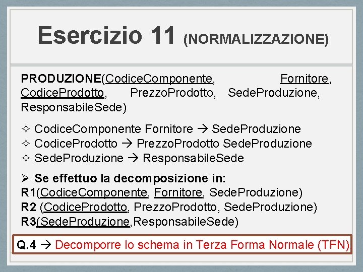 Esercizio 11 (NORMALIZZAZIONE) PRODUZIONE(Codice. Componente, Fornitore, Codice. Prodotto, Prezzo. Prodotto, Sede. Produzione, Responsabile. Sede)