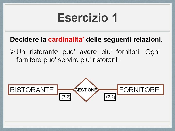 Esercizio 1 Decidere la cardinalita’ delle seguenti relazioni. Ø Un ristorante puo’ avere piu’