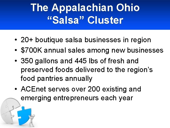 The Appalachian Ohio “Salsa” Cluster • 20+ boutique salsa businesses in region • $700