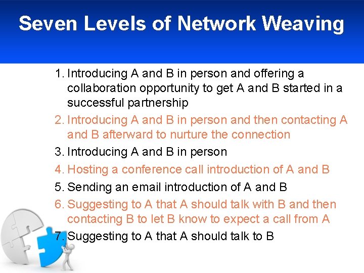 Seven Levels of Network Weaving 1. Introducing A and B in person and offering