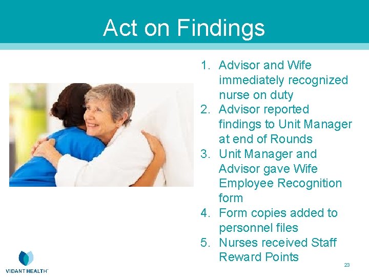 Act on Findings 1. Advisor and Wife immediately recognized nurse on duty 2. Advisor