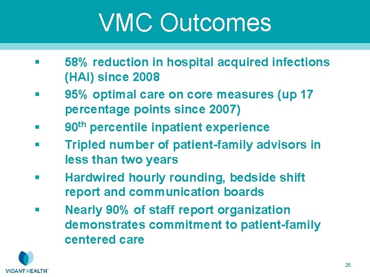 VMC Outcomes § § § 58% reduction in hospital acquired infections (HAI) since 2008