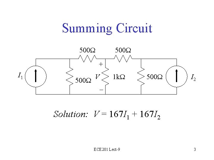 Summing Circuit 500 W + I 1 500 W V 1 k. W 500