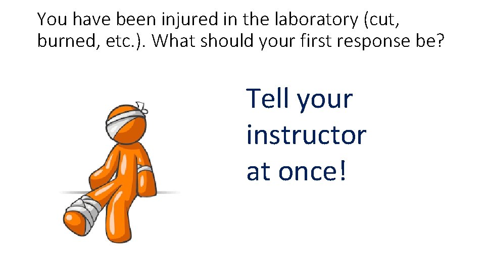 You have been injured in the laboratory (cut, burned, etc. ). What should your