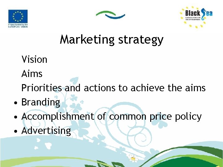 Marketing strategy Vision Aims Priorities and actions to achieve the aims • Branding •