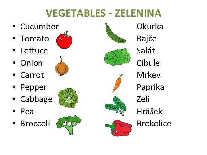 VEGETABLES - ZELENINA • • • Cucumber Tomato Lettuce Onion Carrot Pepper Cabbage Pea