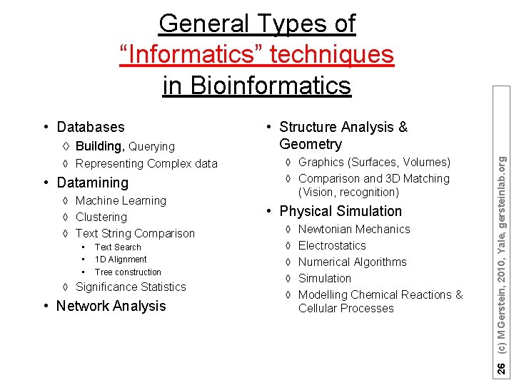 General Types of “Informatics” techniques in Bioinformatics à Building, Querying à Representing Complex data