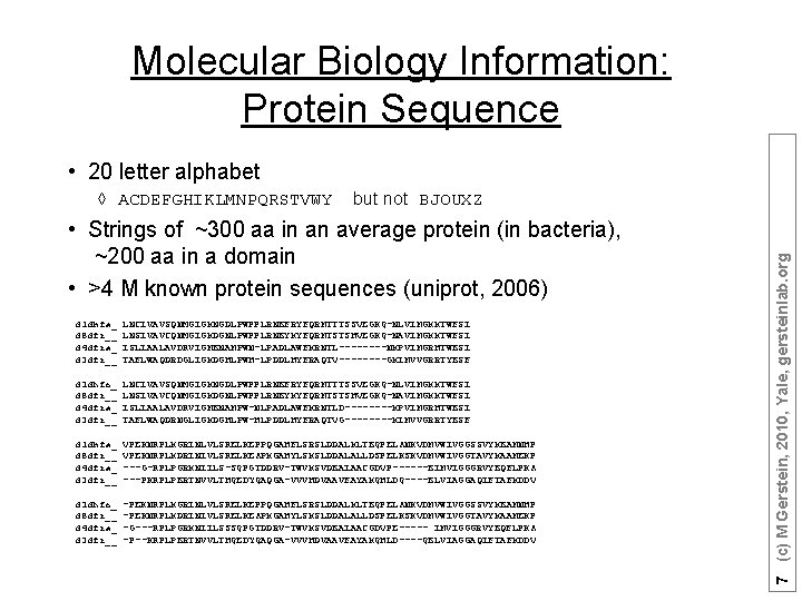 Molecular Biology Information: Protein Sequence • 20 letter alphabet but not BJOUXZ • Strings