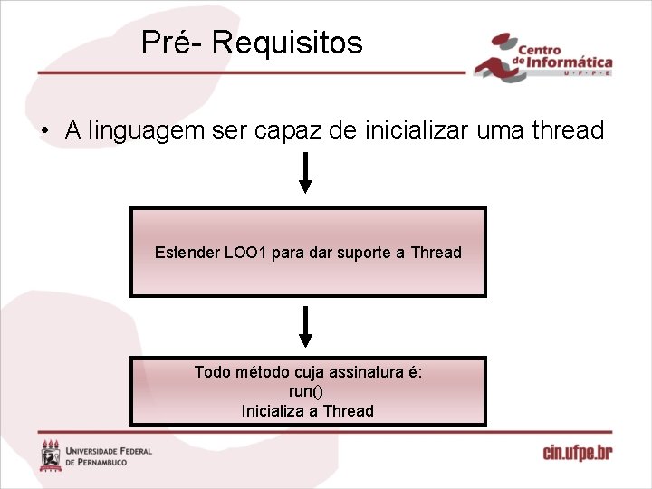 Pré- Requisitos • A linguagem ser capaz de inicializar uma thread Estender LOO 1