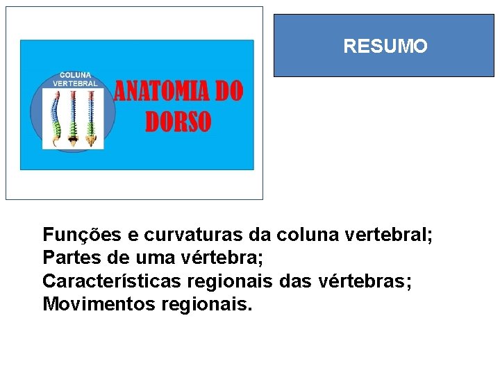 RESUMO Funções e curvaturas da coluna vertebral; Partes de uma vértebra; Características regionais das