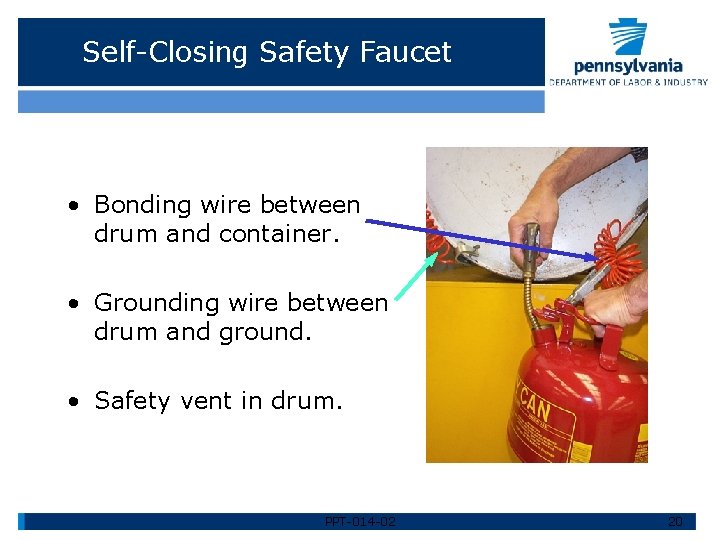 Self-Closing Safety Faucet • Bonding wire between drum and container. • Grounding wire between