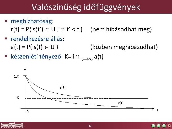 Valószínűség időfüggvények § megbízhatóság: r(t) = P( s(t’) U ; t’ < t )