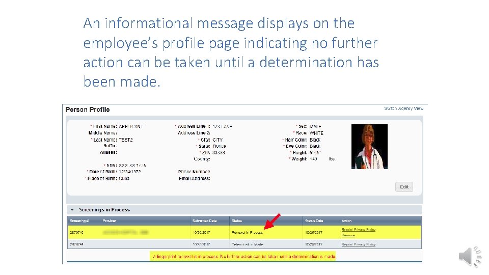 An informational message displays on the employee’s profile page indicating no further action can