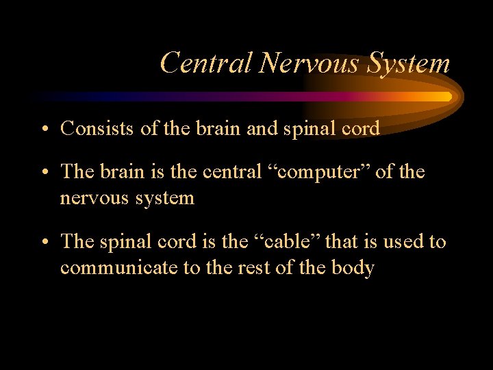 Central Nervous System • Consists of the brain and spinal cord • The brain