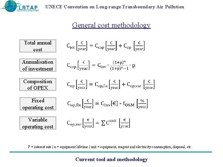 UNECE Convention on Long-range Transboundary Air Pollution General cost methodology Total annual cost Annualisation