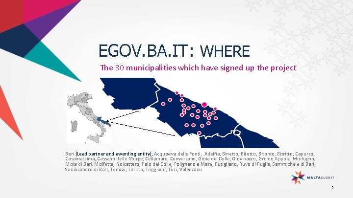 EGOV. BA. IT: WHERE The 30 municipalities which have signed up the project Bari