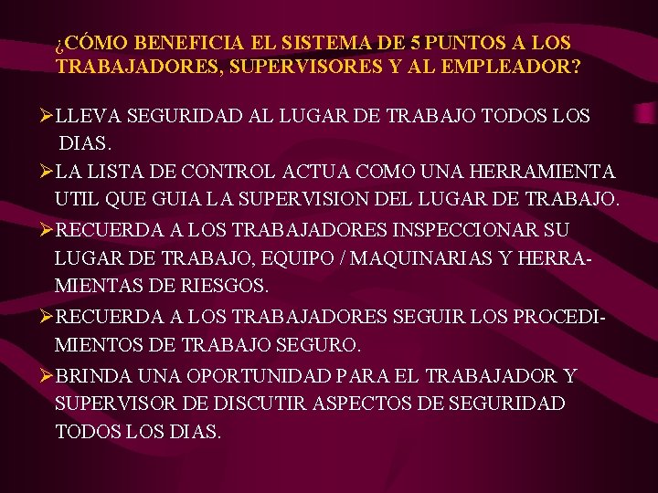 ¿CÓMO BENEFICIA EL SISTEMA DE 5 PUNTOS A LOS TRABAJADORES, SUPERVISORES Y AL EMPLEADOR?