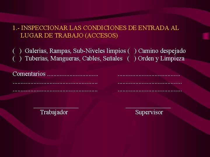 1. - INSPECCIONAR LAS CONDICIONES DE ENTRADA AL LUGAR DE TRABAJO (ACCESOS) ( )