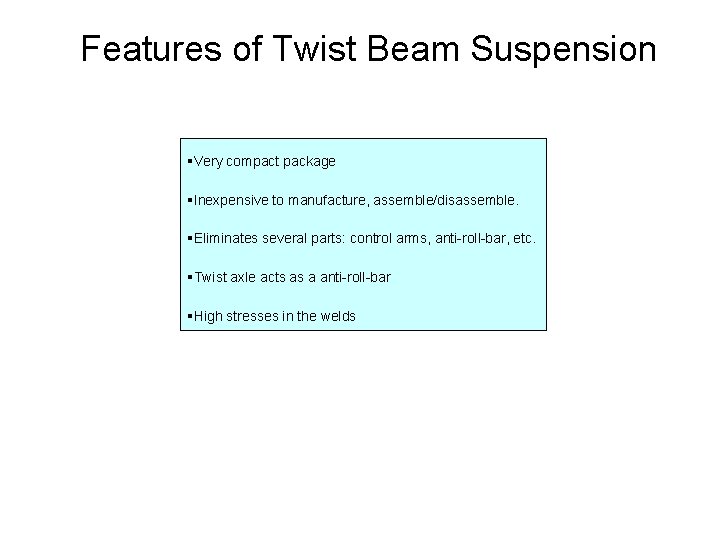 Features of Twist Beam Suspension §Very compact package §Inexpensive to manufacture, assemble/disassemble. §Eliminates several