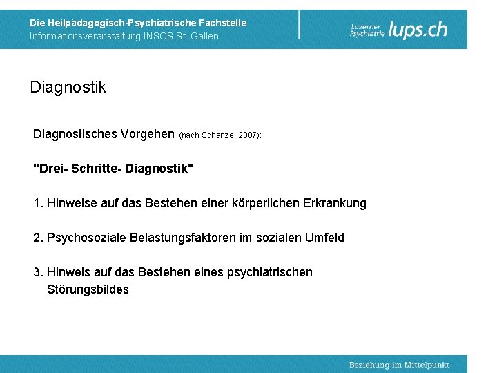 Die Heilpädagogisch-Psychiatrische Fachstelle Informationsveranstaltung INSOS St. Gallen Diagnostik Diagnostisches Vorgehen (nach Schanze, 2007): "Drei-