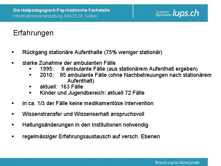 Die Heilpädagogisch-Psychiatrische Fachstelle Informationsveranstaltung INSOS St. Gallen Erfahrungen § Rückgang stationäre Aufenthalte (75% weniger