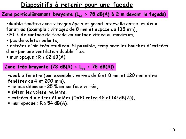 Dispositifs à retenir pour une façade Zone particulièrement bruyante (Leq > 78 d. B(A) Dispositifs à retenir pour une façade Zone particulièrement bruyante (Leq > 78 d. B(A)