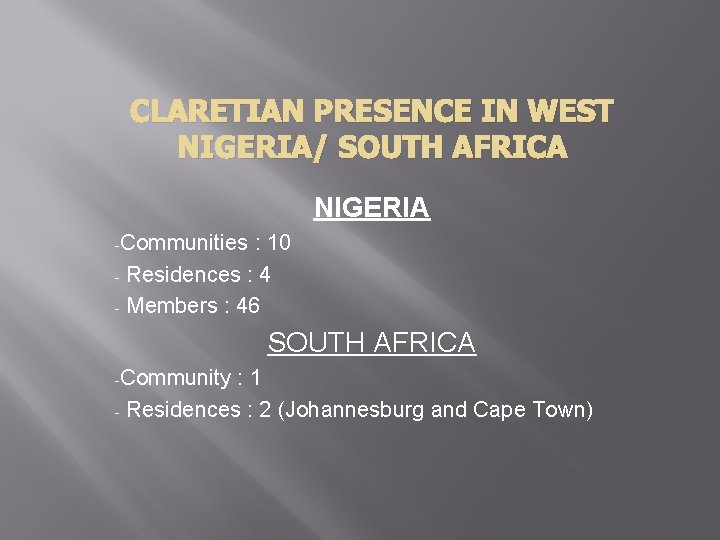 CLARETIAN PRESENCE IN WEST NIGERIA/ SOUTH AFRICA NIGERIA -Communities : 10 - Residences :