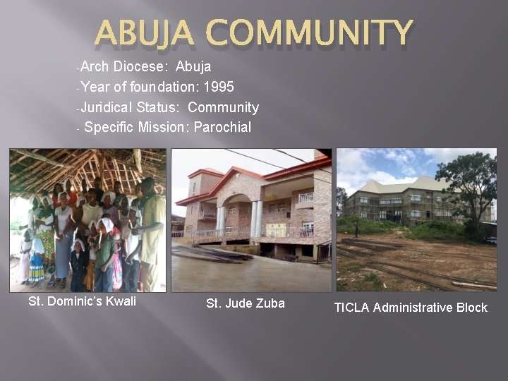 ABUJA COMMUNITY -Arch Diocese: Abuja -Year of foundation: 1995 -Juridical Status: Community - Specific