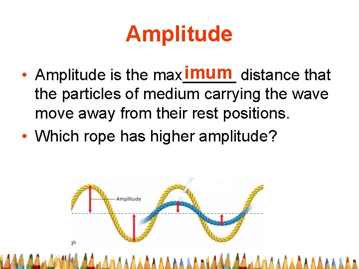 Amplitude imum distance that • Amplitude is the max______ the particles of medium carrying