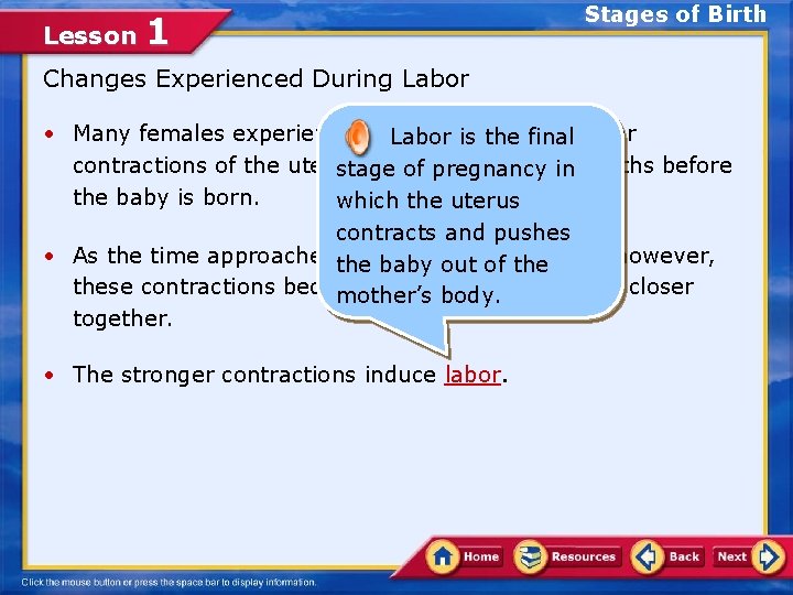 Lesson 1 Stages of Birth Changes Experienced During Labor • Many females experience weak,