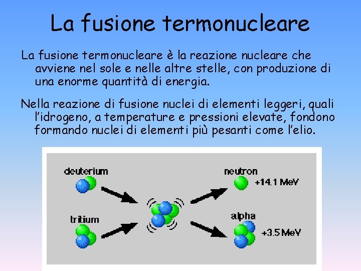 La fusione termonucleare è la reazione nucleare che avviene nel sole e nelle altre La fusione termonucleare è la reazione nucleare che avviene nel sole e nelle altre