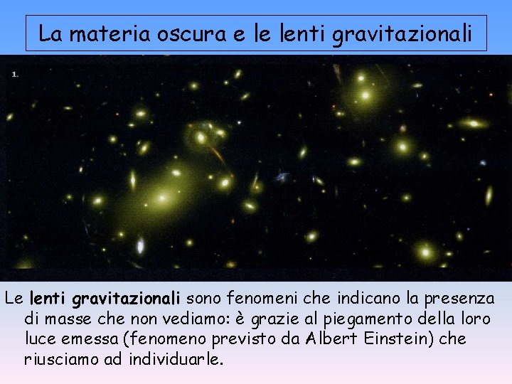 La materia oscura e le lenti gravitazionali Le lenti gravitazionali sono fenomeni che indicano La materia oscura e le lenti gravitazionali Le lenti gravitazionali sono fenomeni che indicano