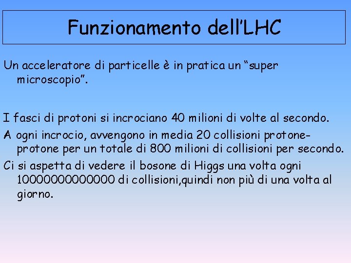 Funzionamento dell’LHC Un acceleratore di particelle è in pratica un “super microscopio”. I fasci Funzionamento dell’LHC Un acceleratore di particelle è in pratica un “super microscopio”. I fasci